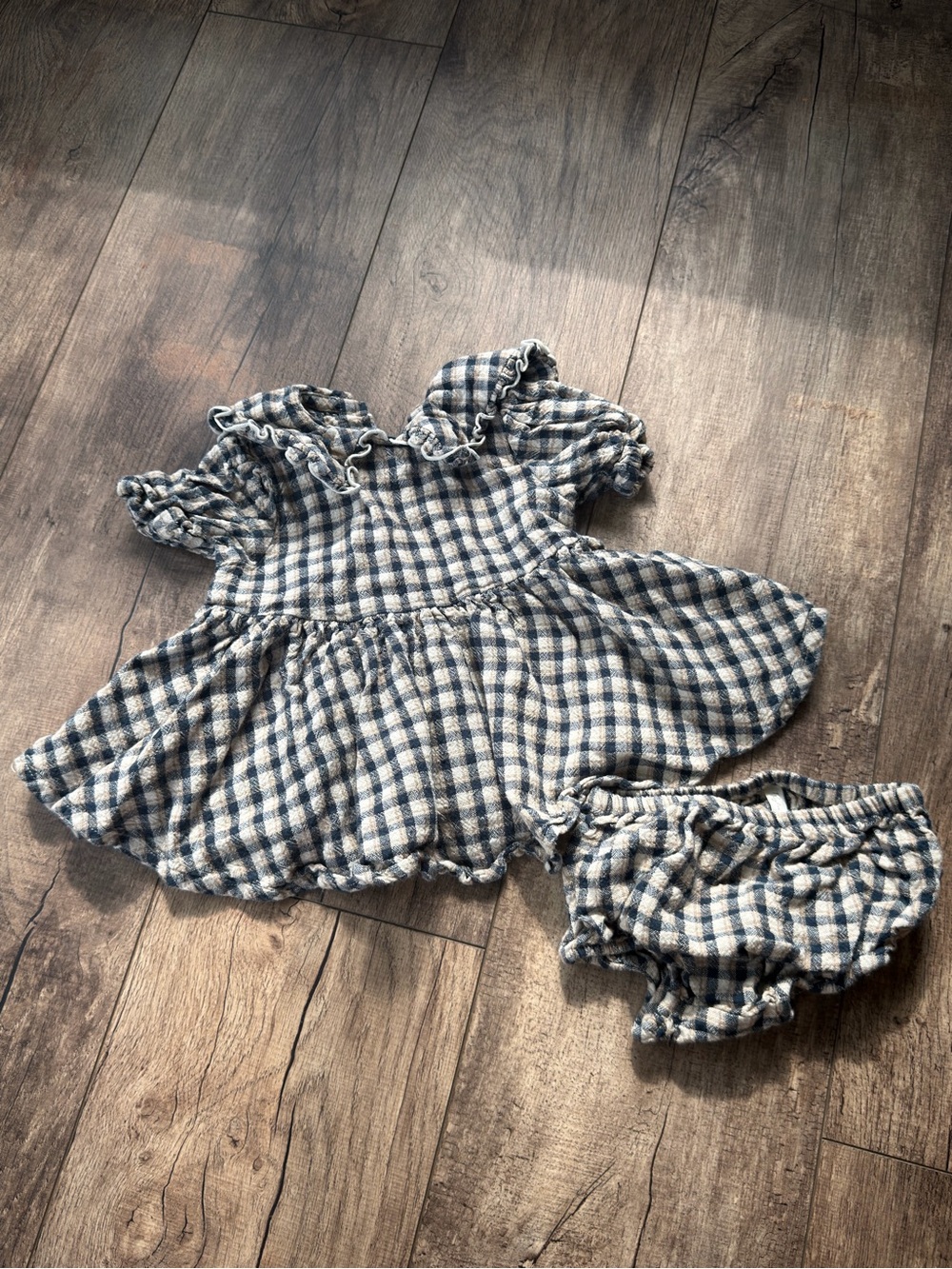 Rylee + Cru Gingham Ruffle Dress & Bloomer Set Blue Cream 3-6M 100% Cotton - Picture 2 of 4